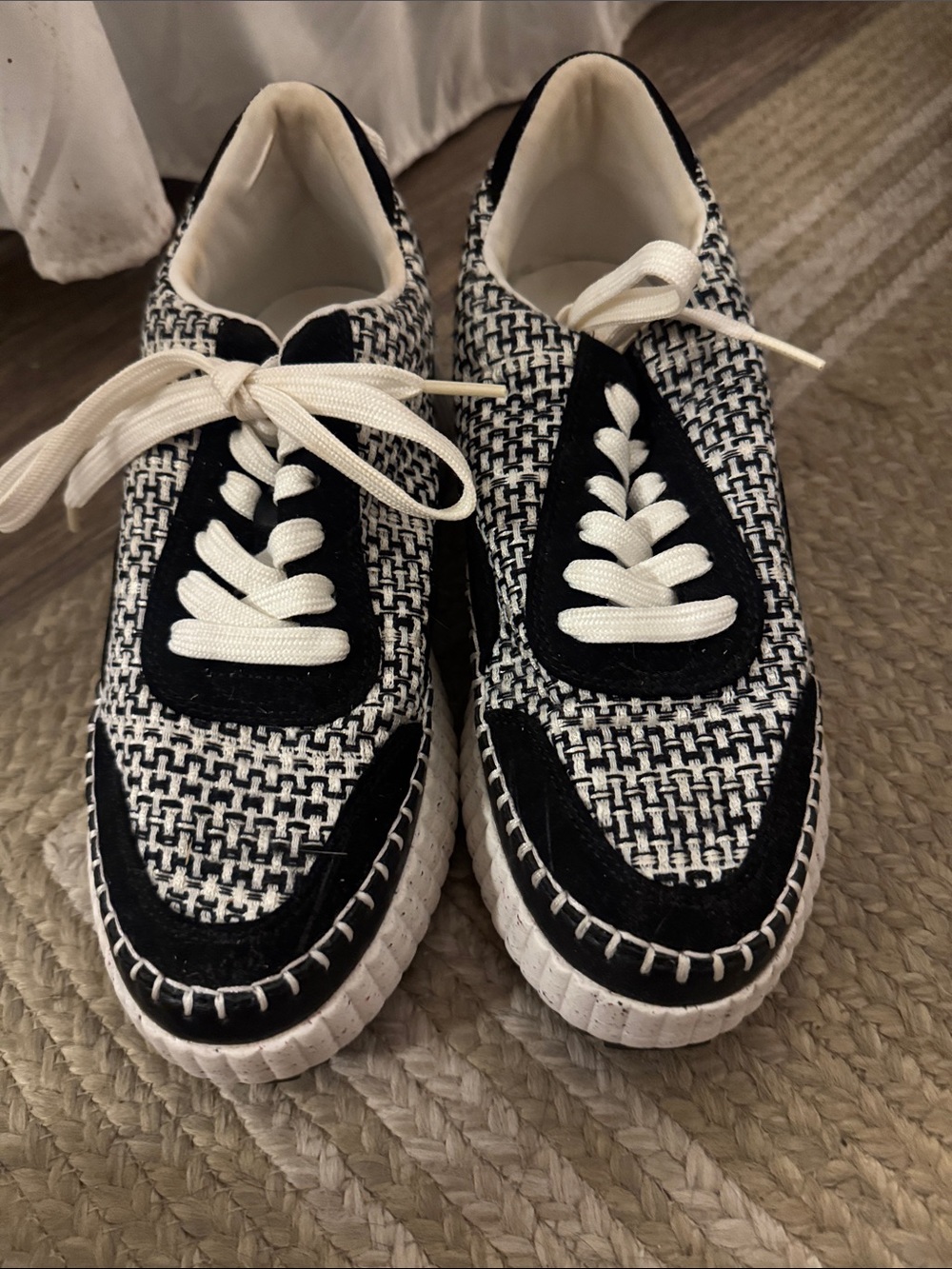 Black & White Woven Lace-Up Sneakers